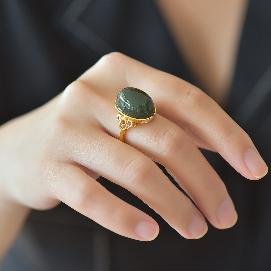 S925 Silver Nephrite Jade Auspicious Cloud Ruyi Ring - Elegant Style