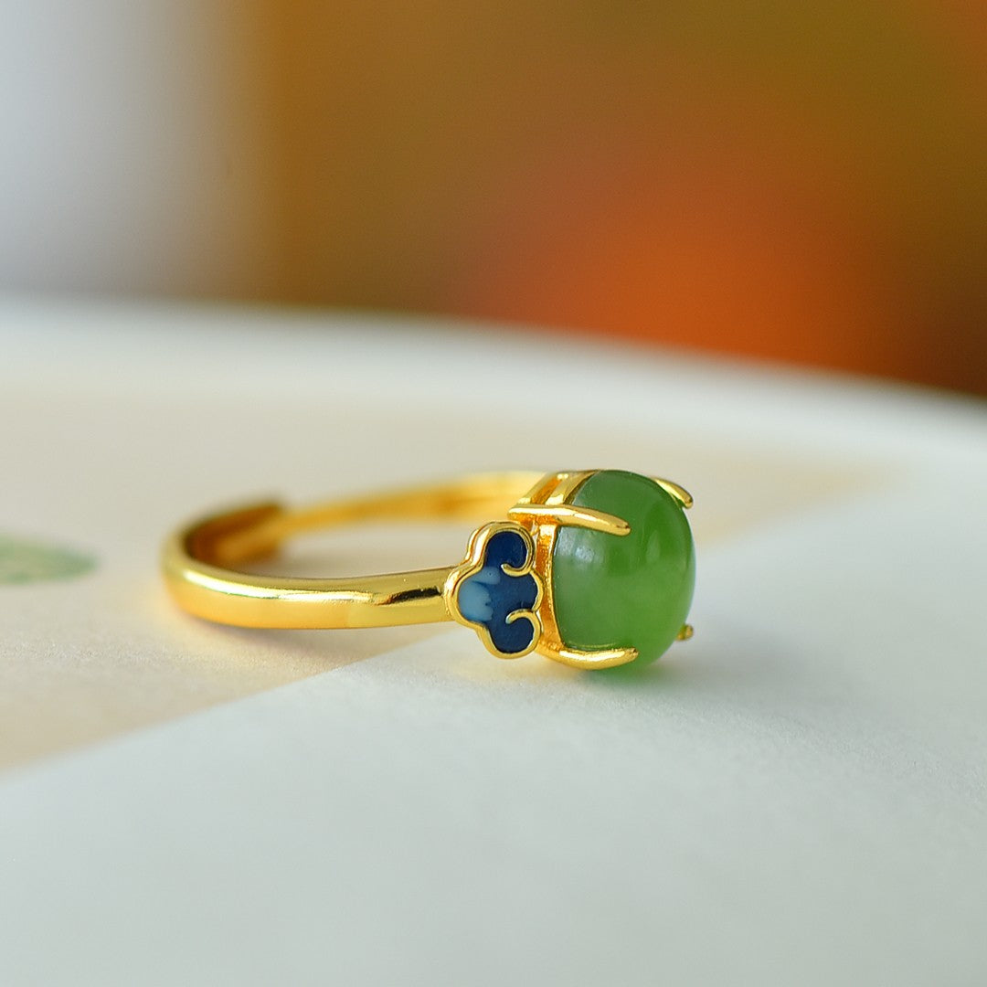S925 Silver Nephrite Green Jade Cabochon Ring - Elegant Style