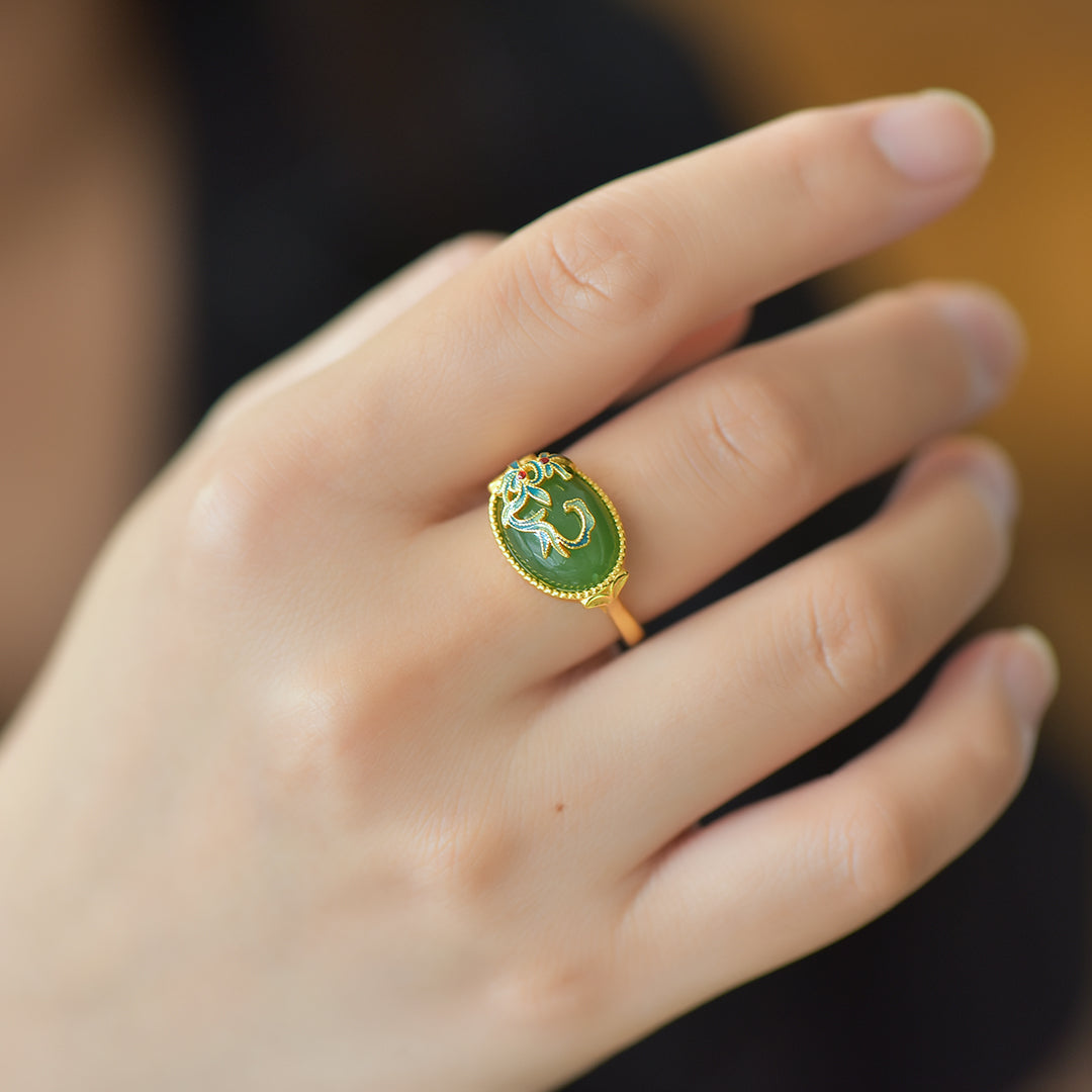 S925 Silver Nephrite Green Jade Orchid Ring - Noble Blossom Design