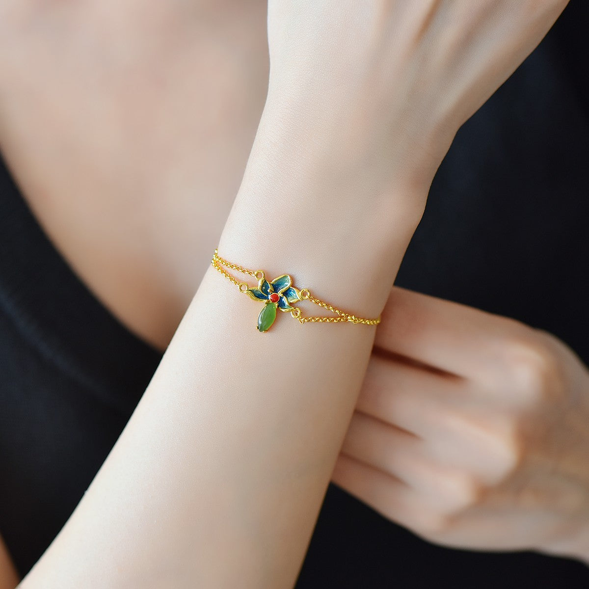 S925 Sterling Silver Nephrite Jade Bangle - Flower Goddess June Lotus
