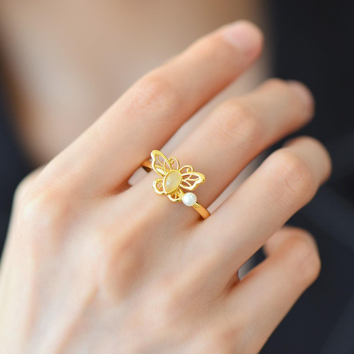 S925 Silver Nephrite Jade Butterfly Hollow-out Ring - Unique Design
