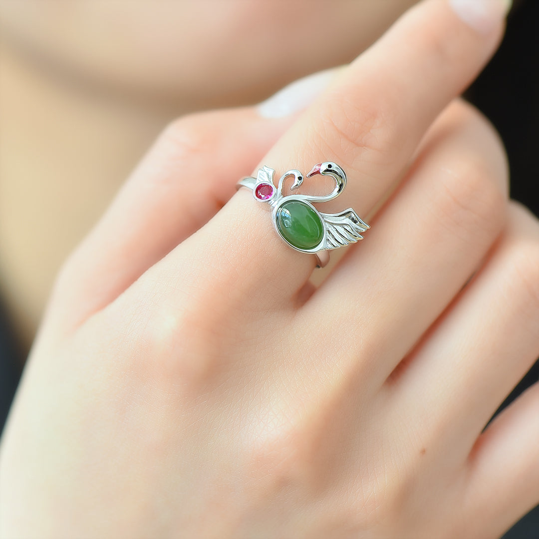 S925 Silver Nephrite Green Jade Swan Ring - Delicate Design