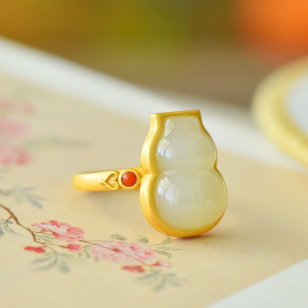 S925 Silver Nephrite White Jade Gourd Hulu Ring - Elegant Simple