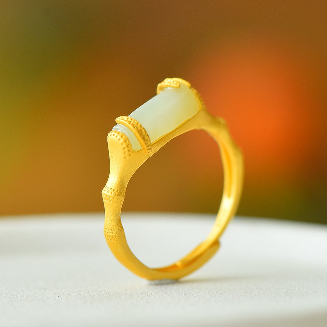 S925 Sterling Silver Nephrite Jade Bamboo Joint Ring