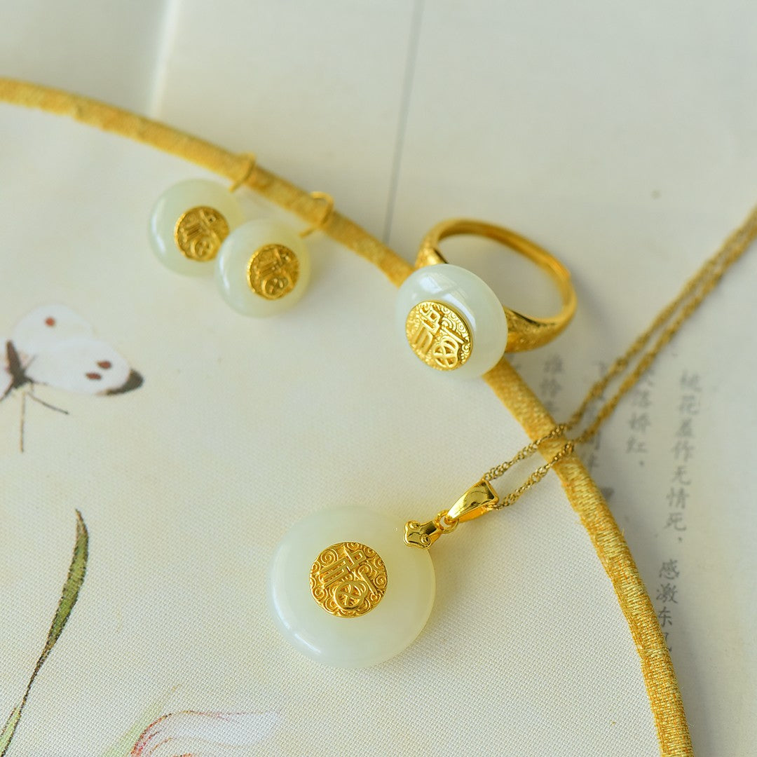 S925 Sterling Silver Nephrite Jade Peace Buckle Jewelry Set