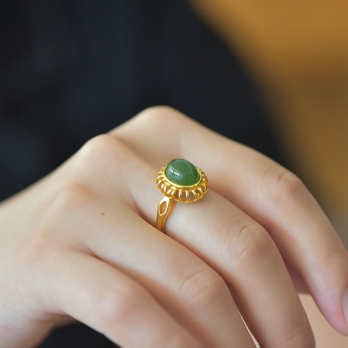 S925 Sterling Silver Enamel Nephrite Jade Cabochon Ring - Modern Style