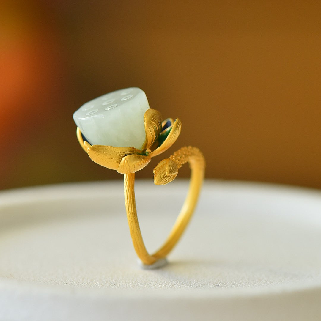 S925 Silver Nephrite Jade Lotus Pod Ring - Elegant Style