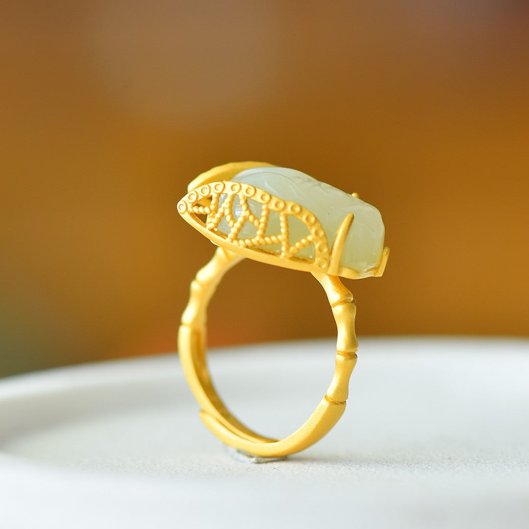 S925 Sterling Silver Nephrite Jade Cicada of Success Ring
