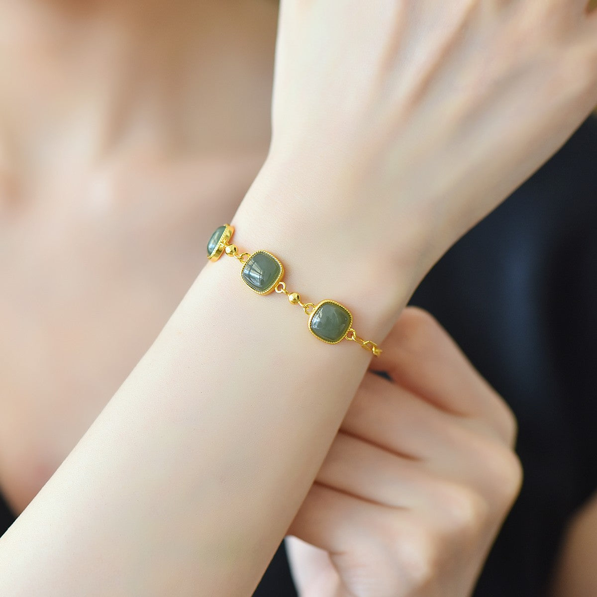 S925 Sterling Silver Green Jade Bangle - Unique Artisan Crafted Design