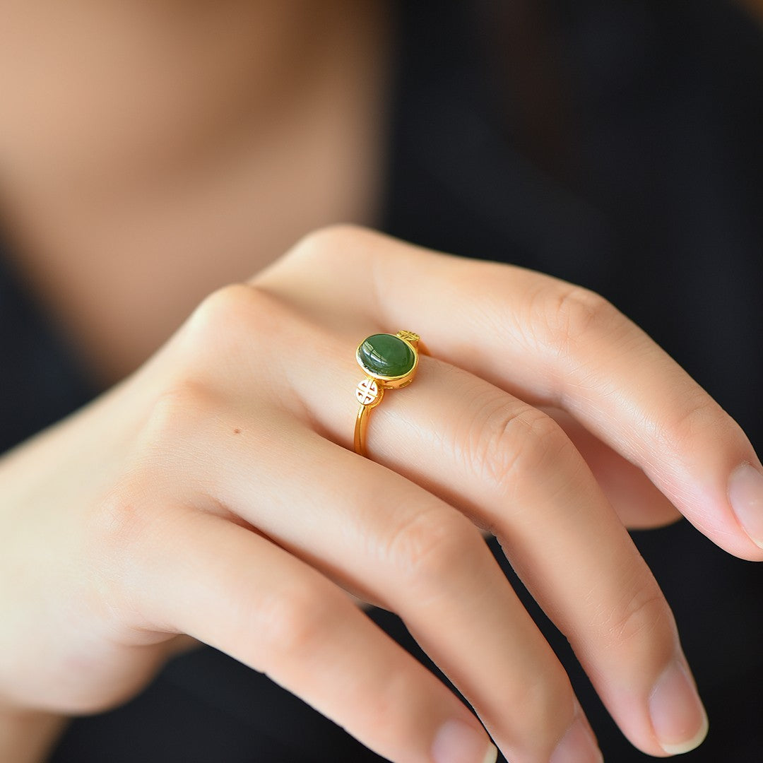 S925 Silver Nephrite Green Jade Cabochon Ring - Prosperity Design