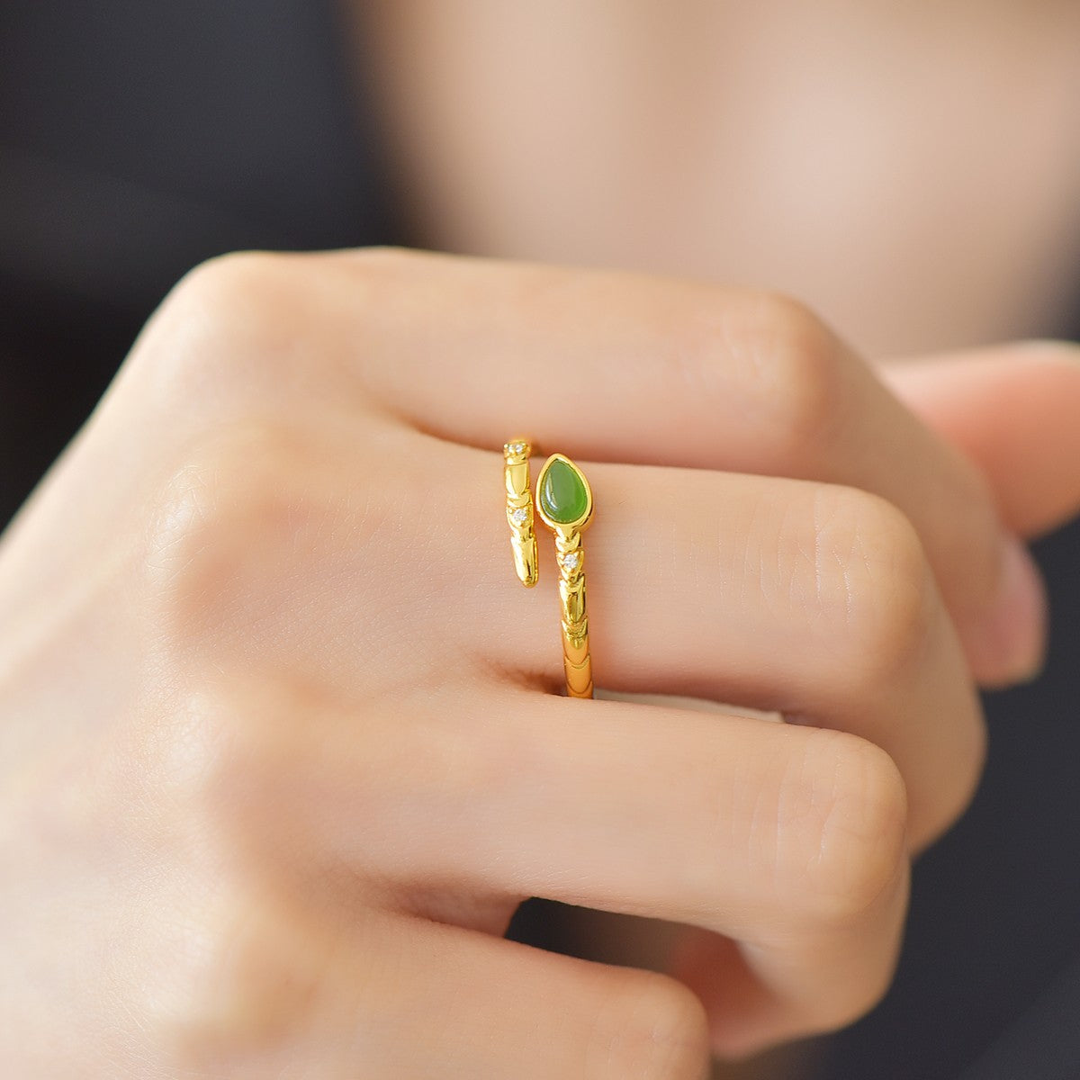 S925 Silver Nephrite Green Jade Water-drop Ring - Simple Style