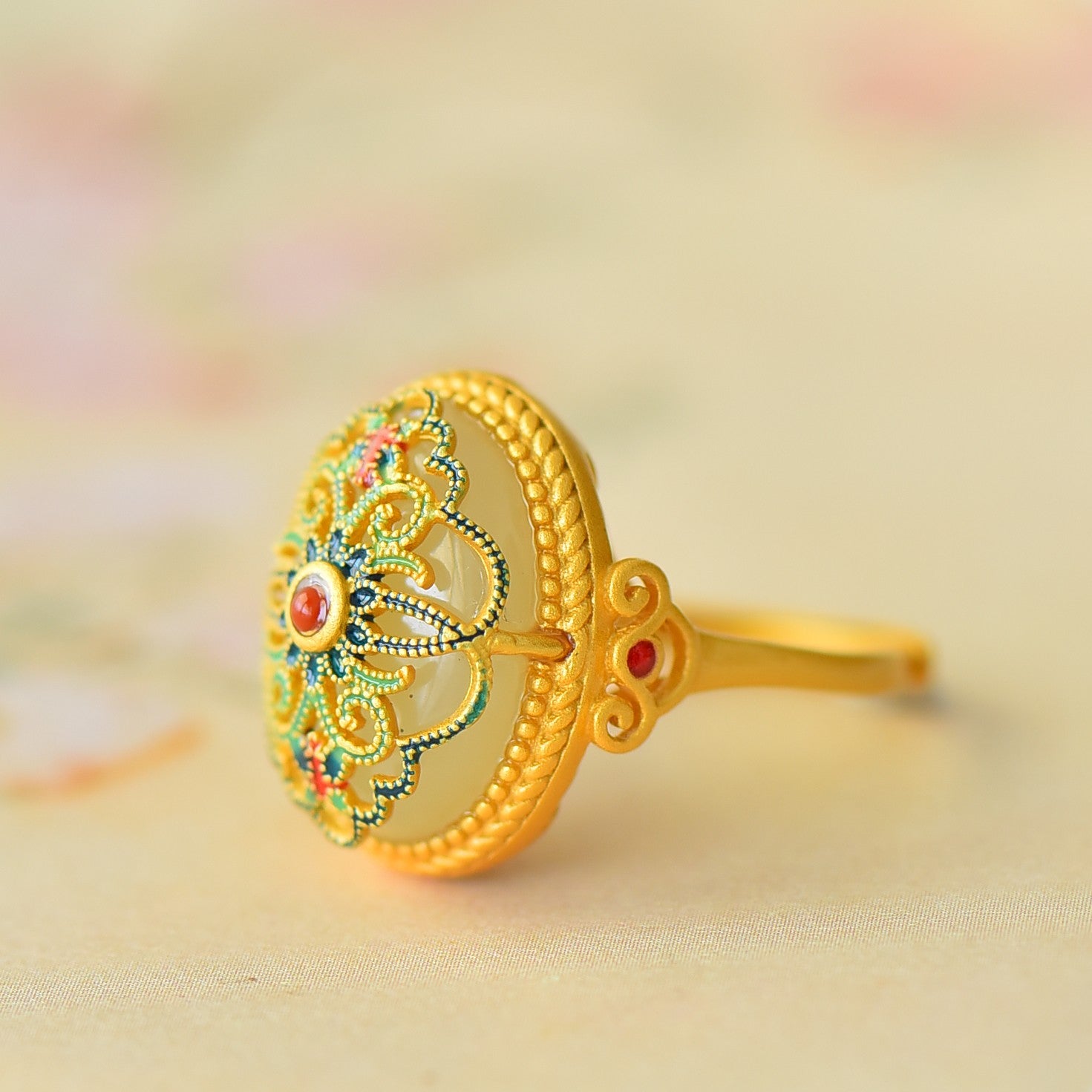 S925 Silver Enamel Nephrite Jade Prosperity Ring - Elegant Style