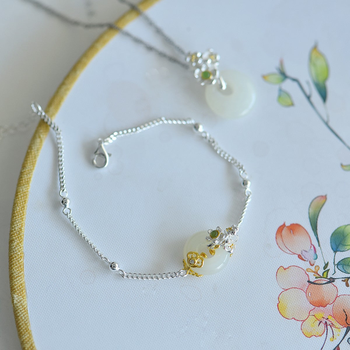 S925 Sterling Silver Nephrite Jade Bangle - Flower Goddess August Osmanthus