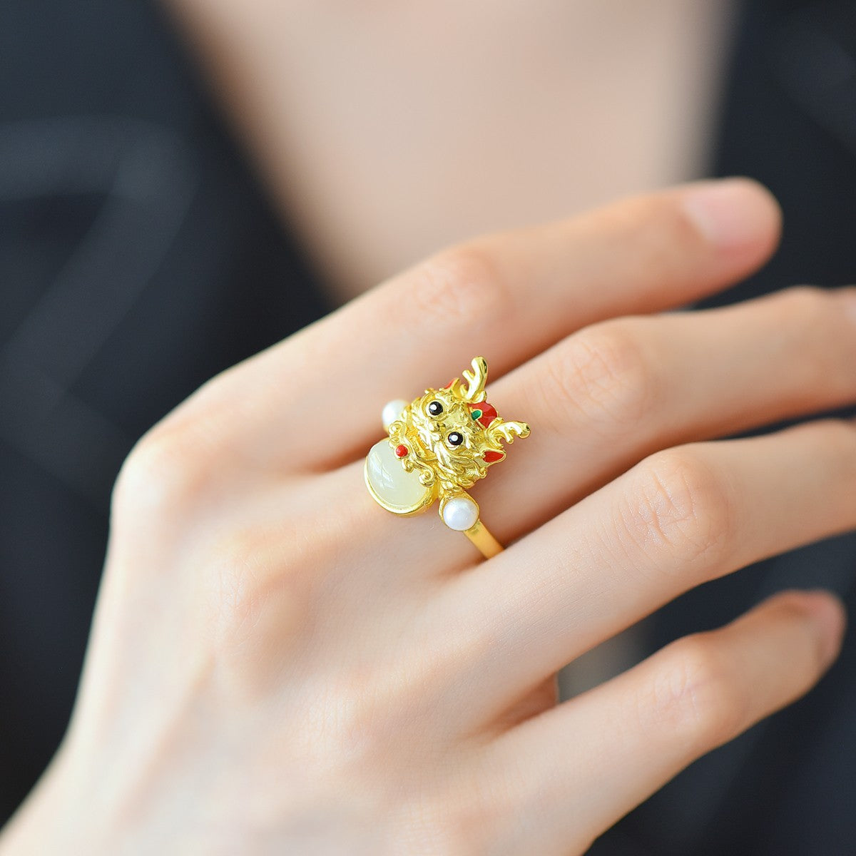 S925 Sterling Silver Nephrite Jade Dragon Cabochon Ring - Unique Style