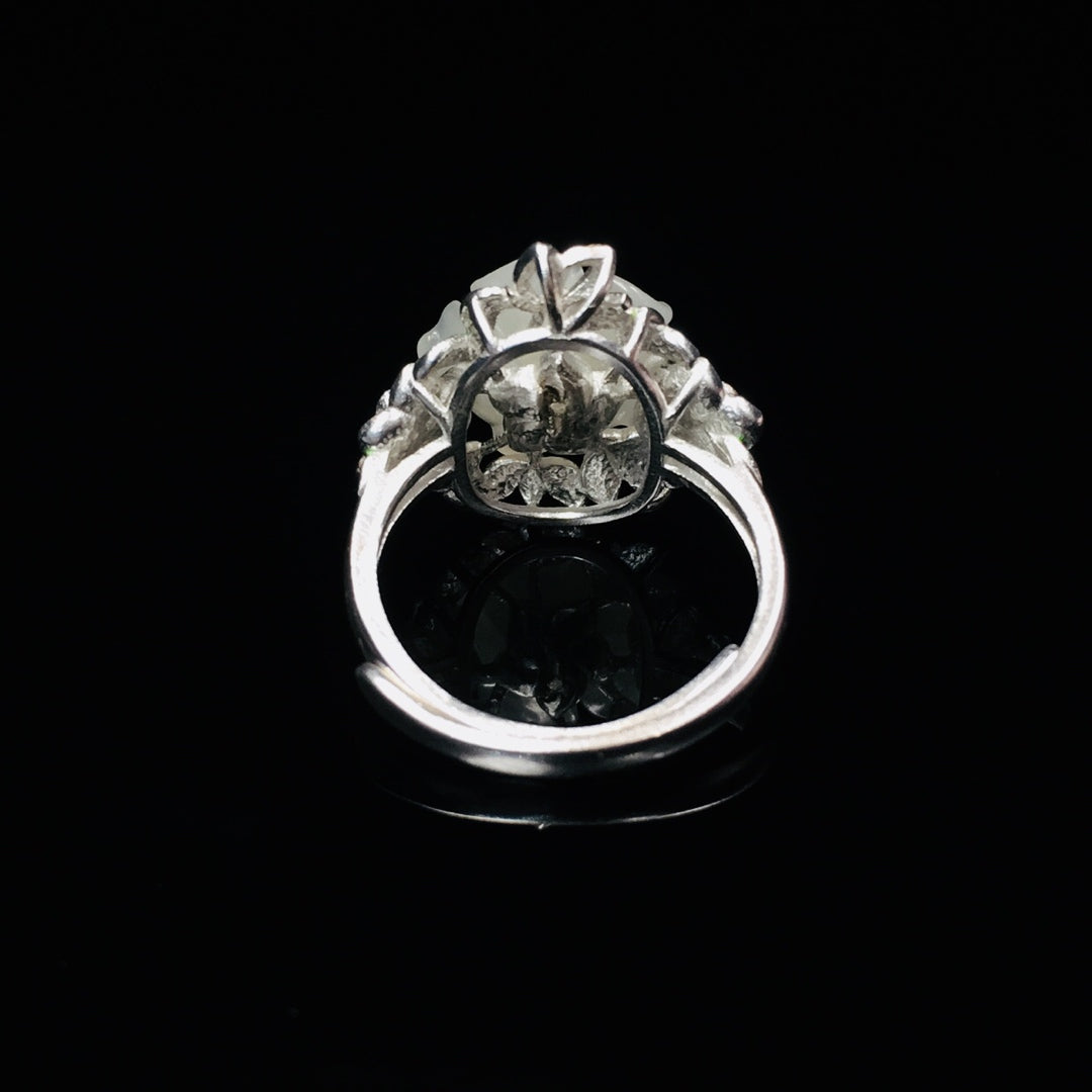 S925 Silver Enamel Nephrite Jade Five-Petal Flower Ring - New Trend
