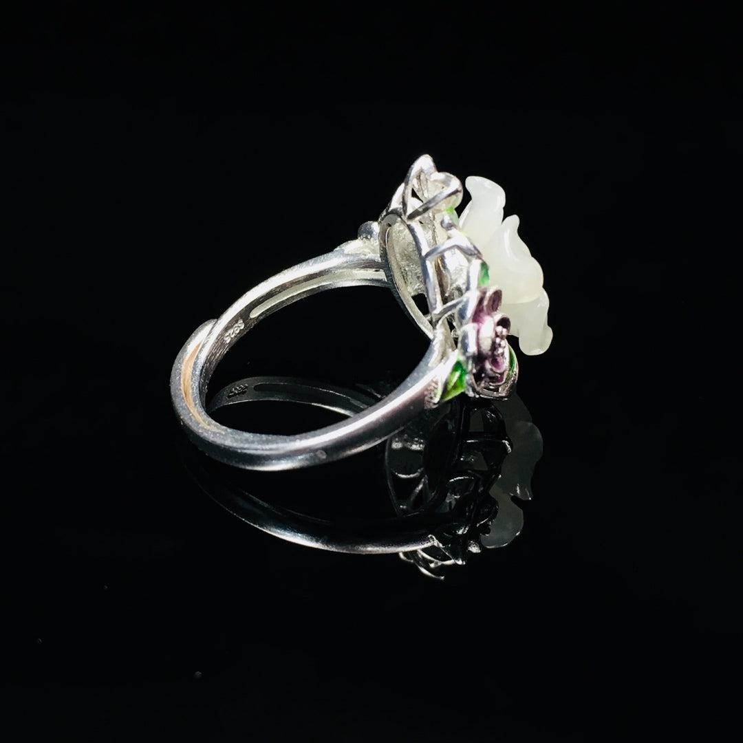 S925 Silver Enamel Nephrite Jade Five-Petal Flower Ring - New Trend
