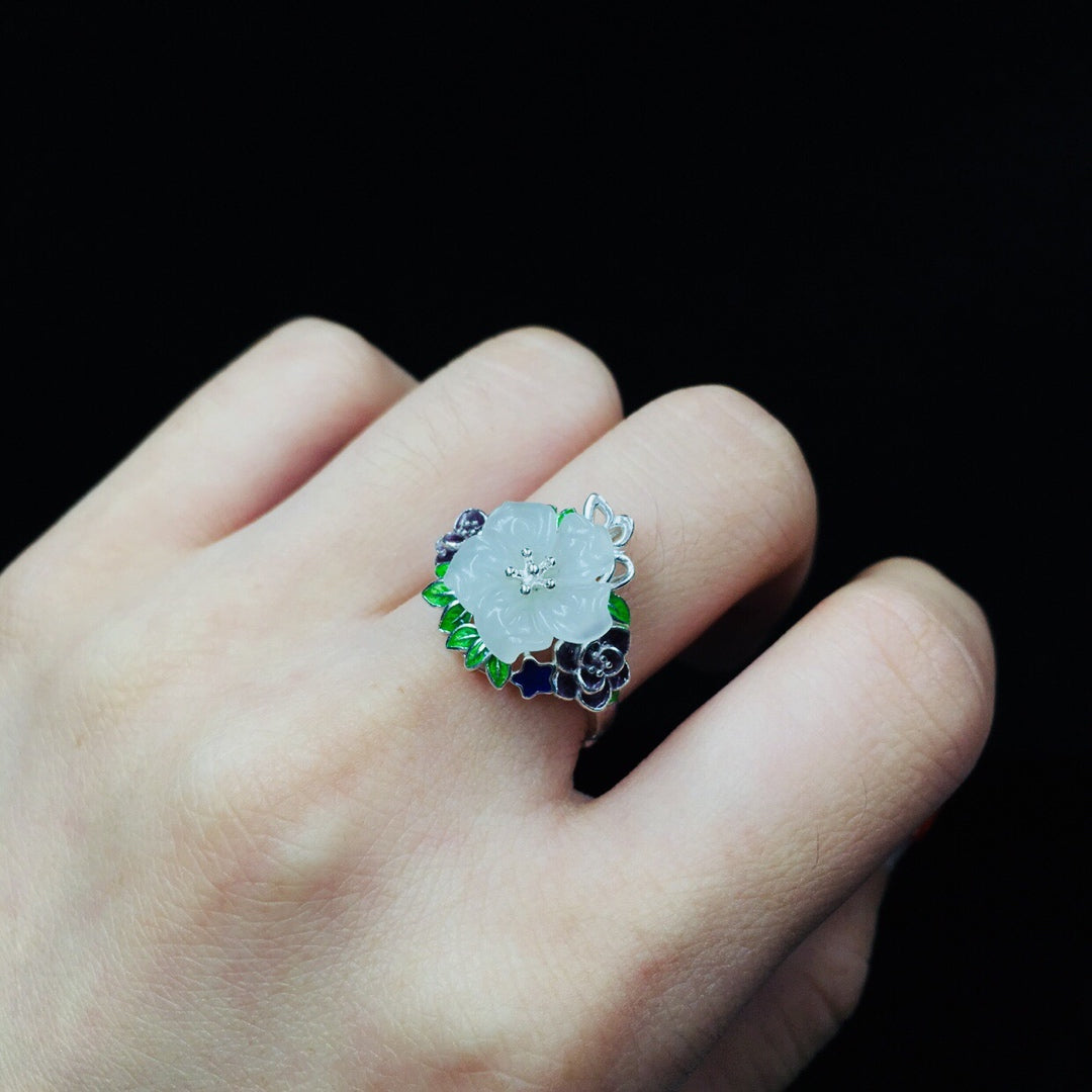 S925 Silver Enamel Nephrite Jade Five-Petal Flower Ring - New Trend
