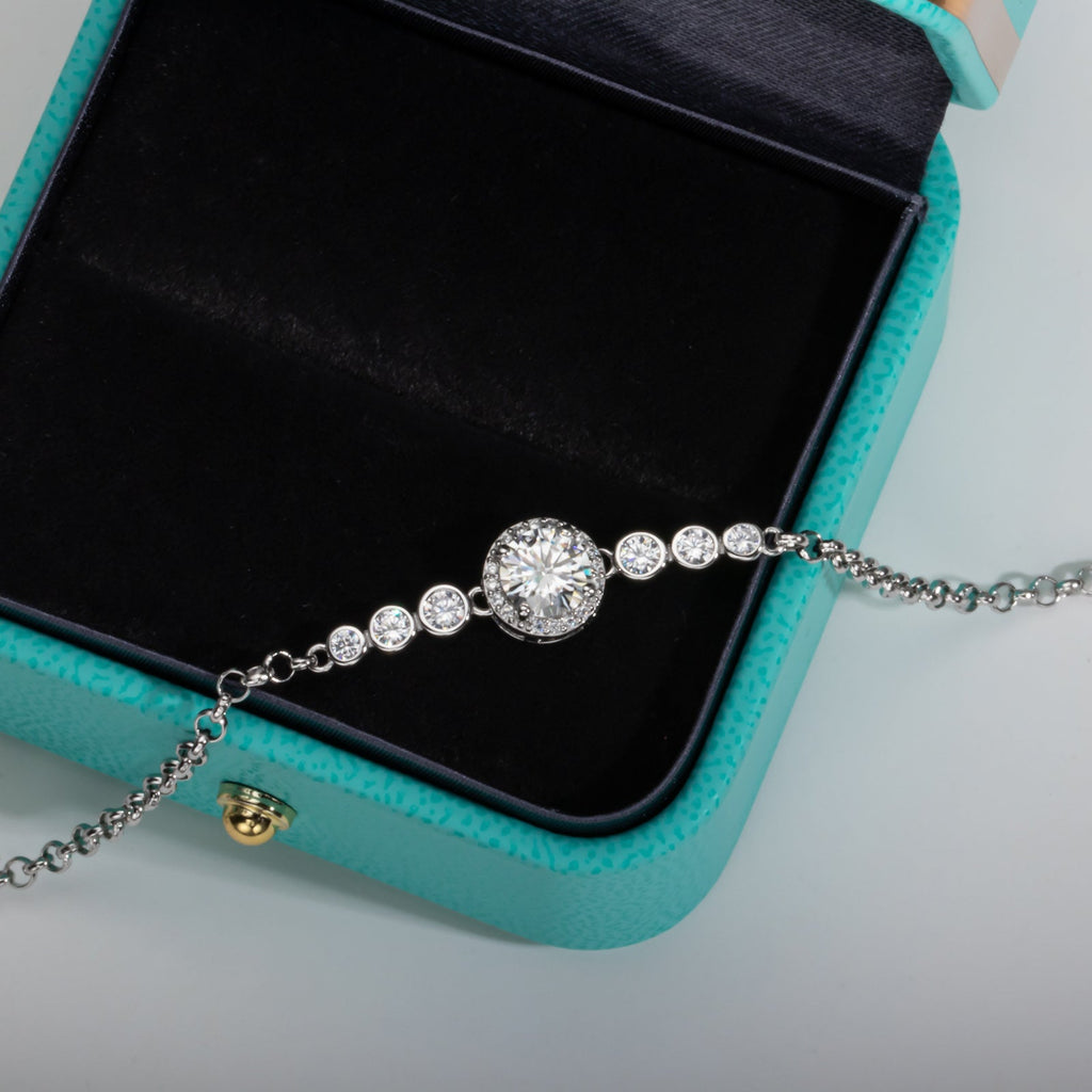 Round Cut Moissanite Silver Adjustable Bracelet