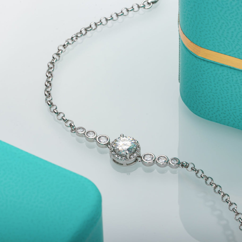 Round Cut Moissanite Silver Adjustable Bracelet