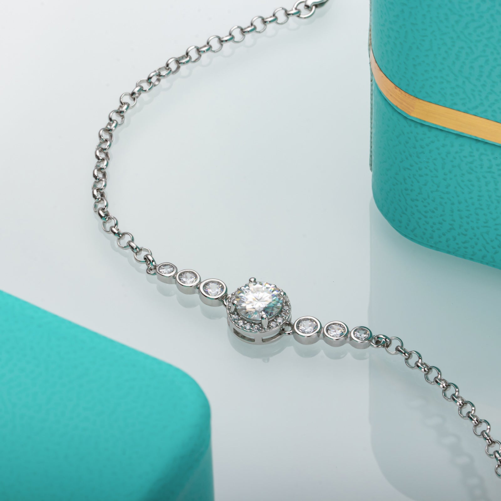 Round Cut Moissanite Silver Adjustable Bracelet