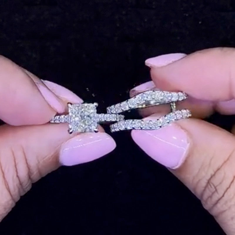 2PC Enhancer Wedding Set Gorgeous 2.0Ct Princess Cut Engagement Ring With Enhancer Wedding Band