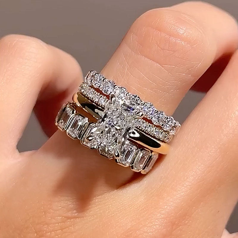4PC Wedding Ring Set Radiant Cut Simulated Diamond Engagement Ring With Classic Wedding Band