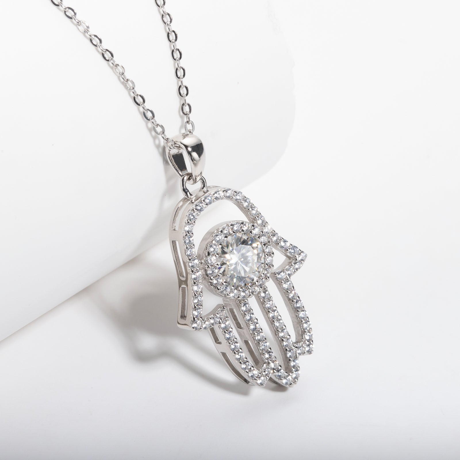 Moissanite Hamsa Hand of Fatima Pendant Necklace