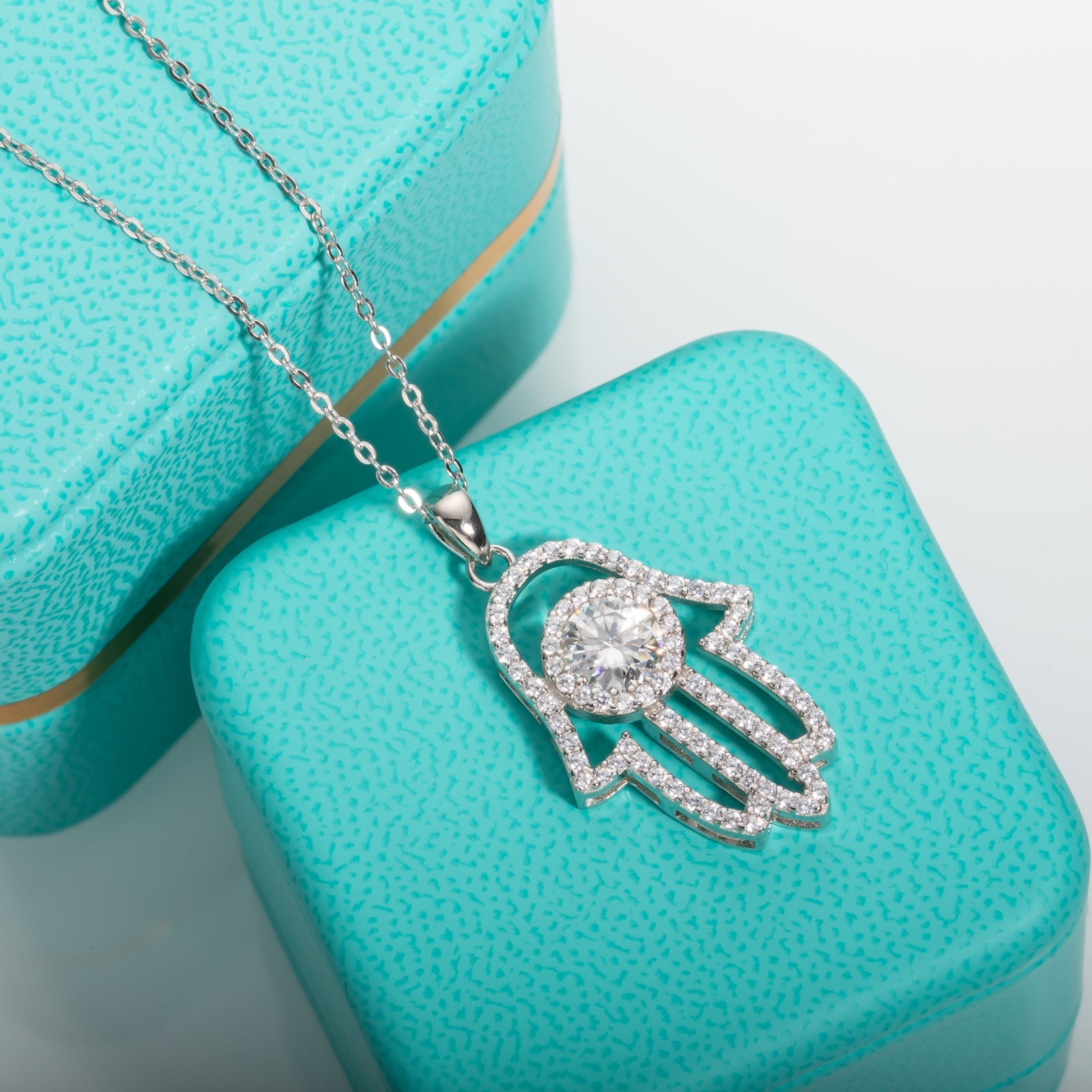 Moissanite Hamsa Hand of Fatima Pendant Necklace