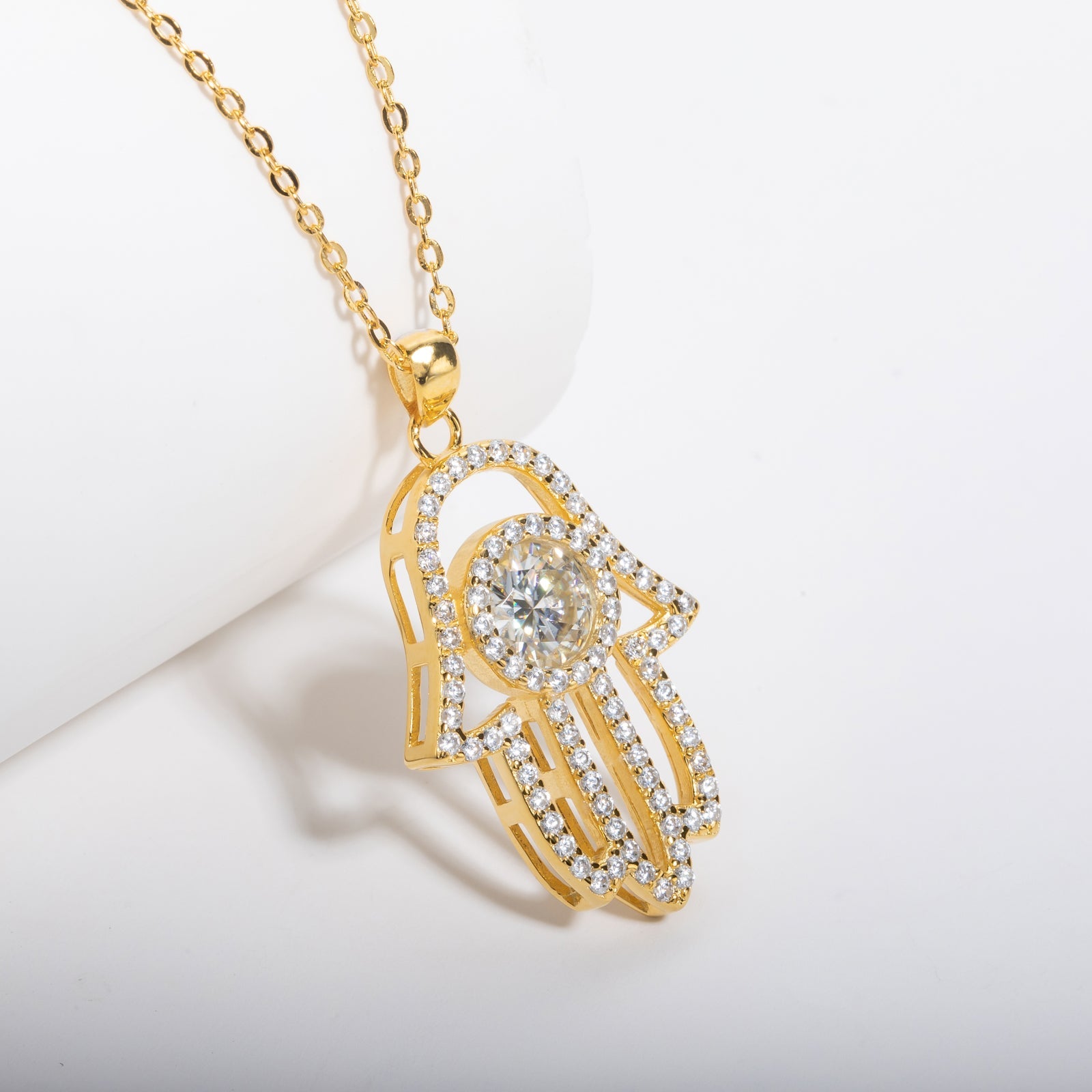 Moissanite Hamsa Hand of Fatima Pendant Necklace