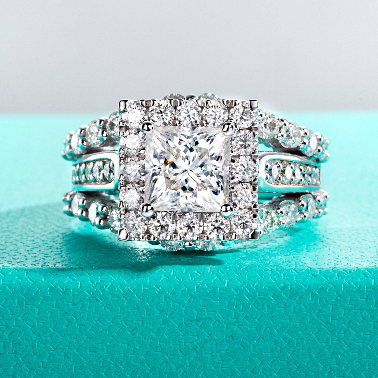 Princess Cut Halo Moissanite Engagement Ring (3.88 cttw)