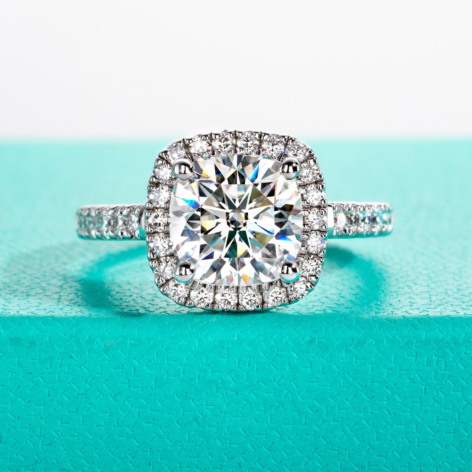 Cushion Cut Halo Moissanite Engagement Ring (3.96 cttw)