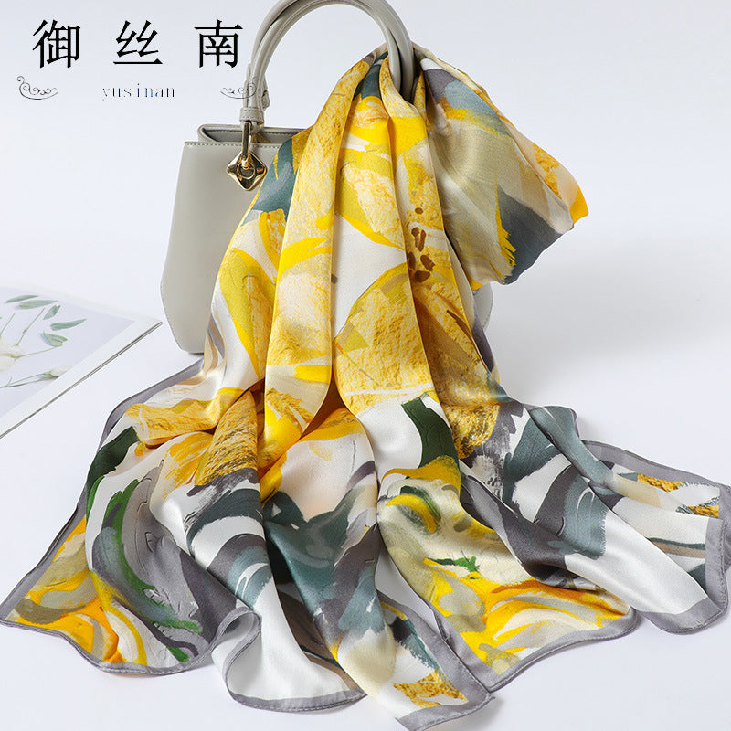 100% Mulberry Silk Scarf - Premium Floral Crepe Satin Long Wrap for Women
