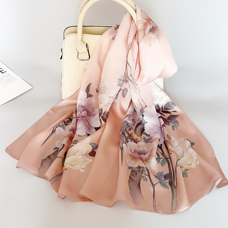 100% Mulberry Silk Scarf - Premium Floral Crepe Satin Long Wrap for Women