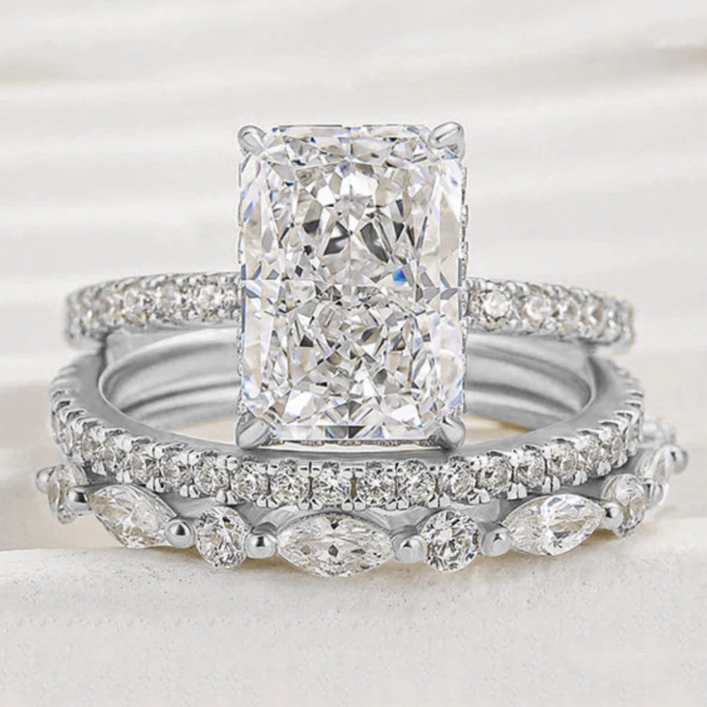 925 Sterling Silver Crushed Ice Cut Cubic Zirconia Ring Set | Radiant Cut 3-Piece Stackable Wedding Band for Women