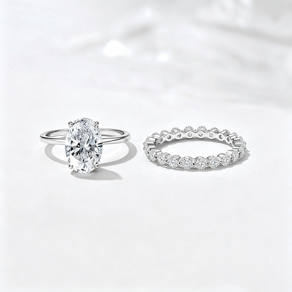 S925 Sterling Silver Oval 4.5 Carat Crushed Ice Cut 5A Cubic Zirconia Ring Set