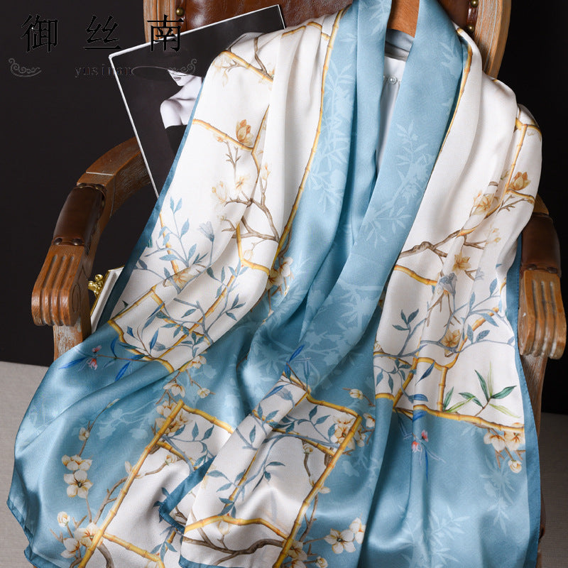 100% Mulberry Silk Scarf - Premium Floral Crepe Satin Long Wrap for Women