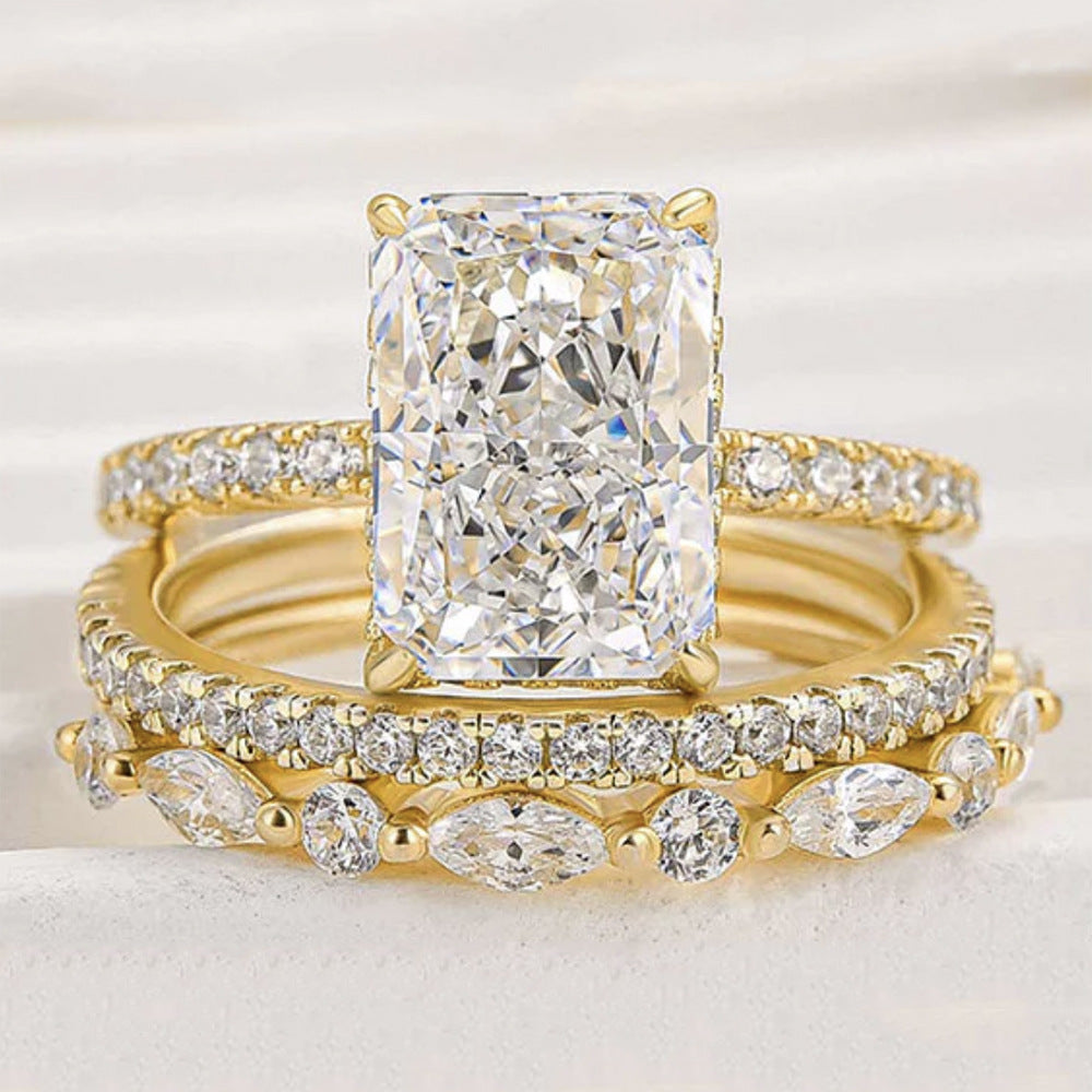 925 Sterling Silver Crushed Ice Cut Cubic Zirconia Ring Set | Radiant Cut 3-Piece Stackable Wedding Band for Women