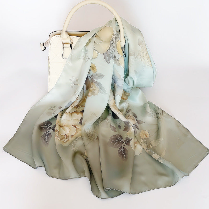 100% Mulberry Silk Scarf - Premium Floral Crepe Satin Long Wrap for Women