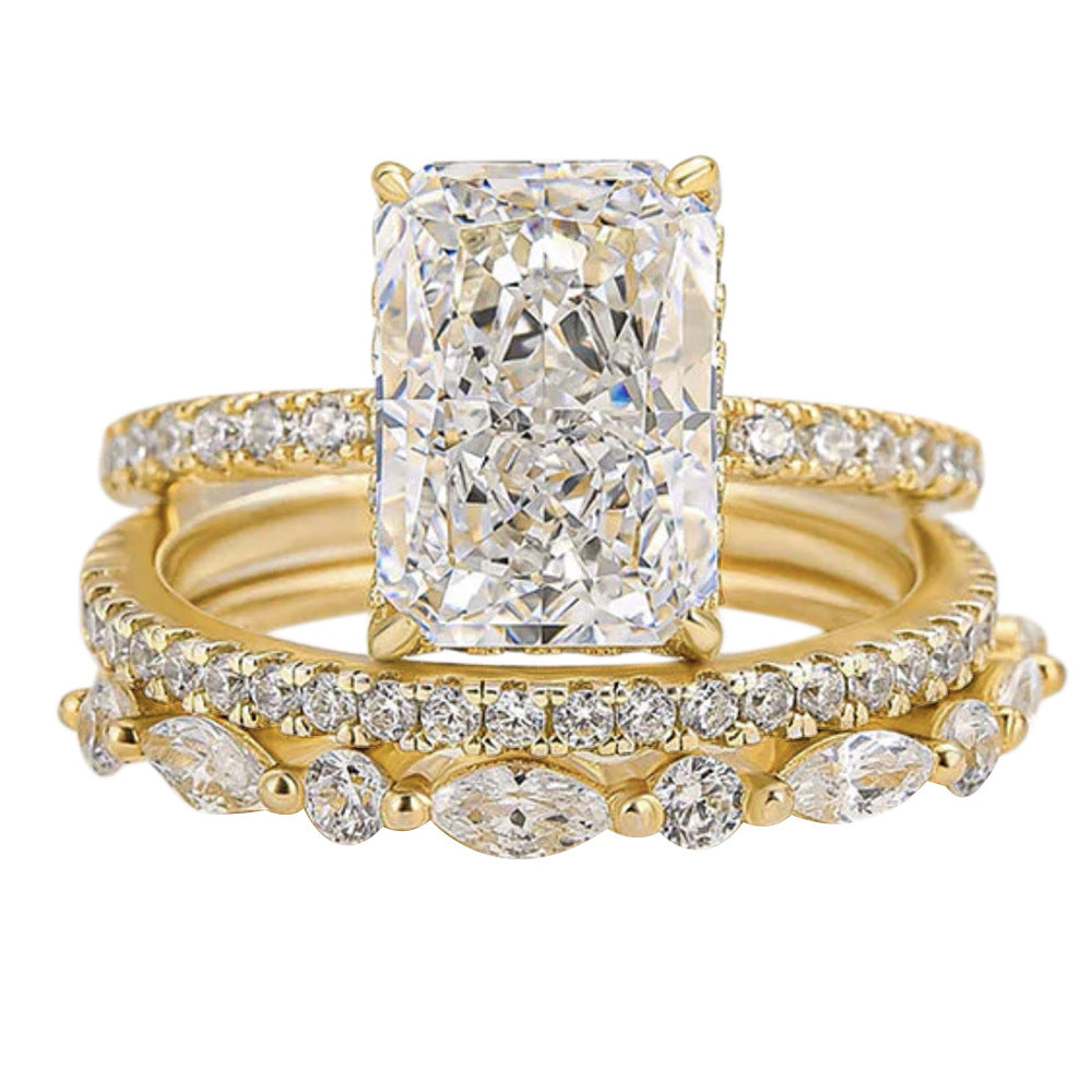 925 Sterling Silver Crushed Ice Cut Cubic Zirconia Ring Set | Radiant Cut 3-Piece Stackable Wedding Band for Women