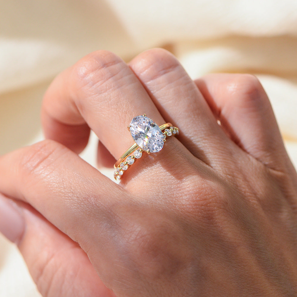S925 Sterling Silver Oval 4.5 Carat Crushed Ice Cut 5A Cubic Zirconia Ring Set
