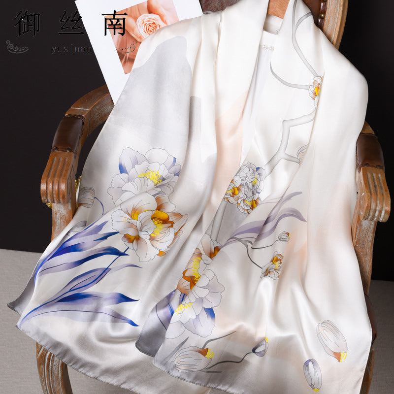 100% Mulberry Silk Scarf - Premium Floral Crepe Satin Long Wrap for Women