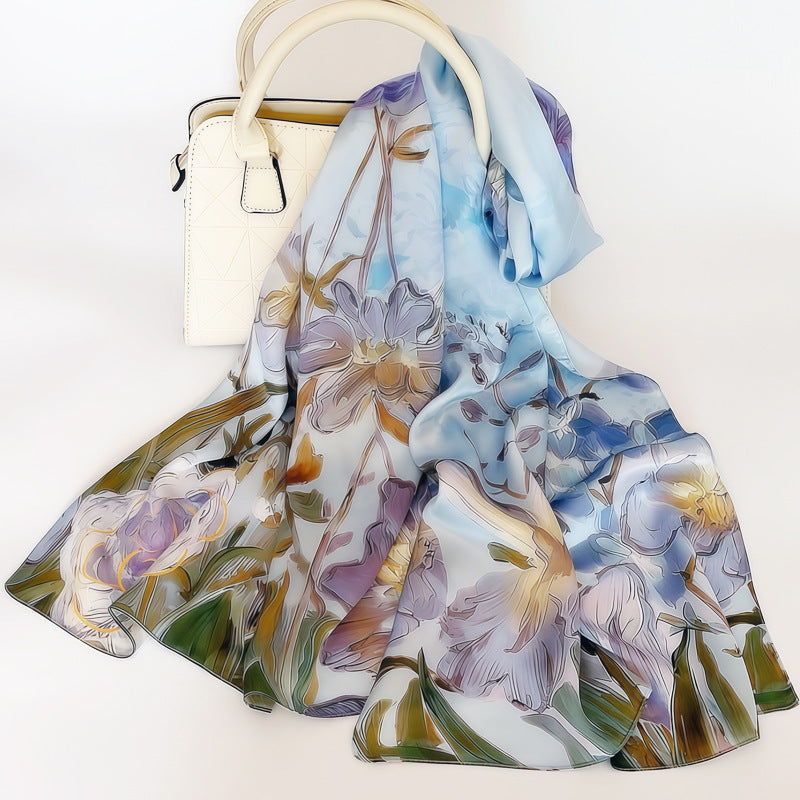 100% Mulberry Silk Scarf - Premium Floral Crepe Satin Long Wrap for Women