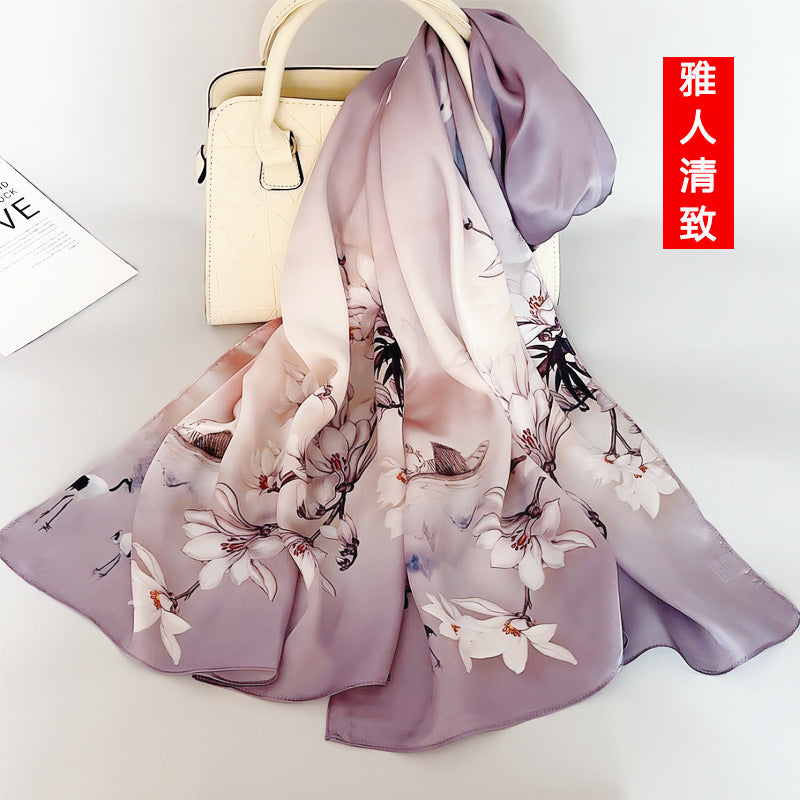 100% Mulberry Silk Scarf - Premium Floral Crepe Satin Long Wrap for Women