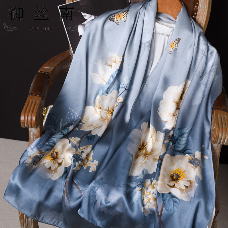 100% Mulberry Silk Scarf - Premium Floral Crepe Satin Long Wrap for Women