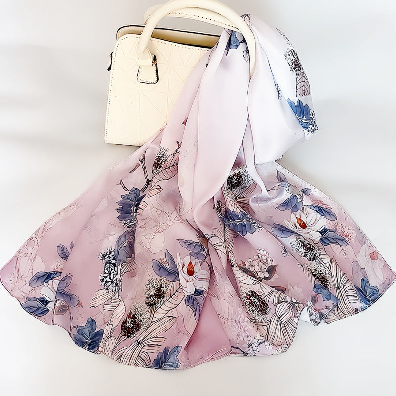 100% Mulberry Silk Scarf - Premium Floral Crepe Satin Long Wrap for Women