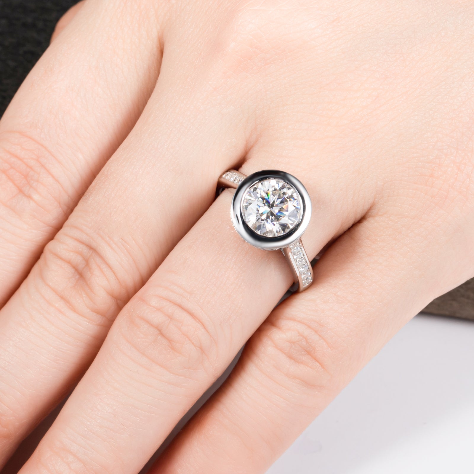 Round Cut Bezel Moissanite Engagement Ring (3 ct)