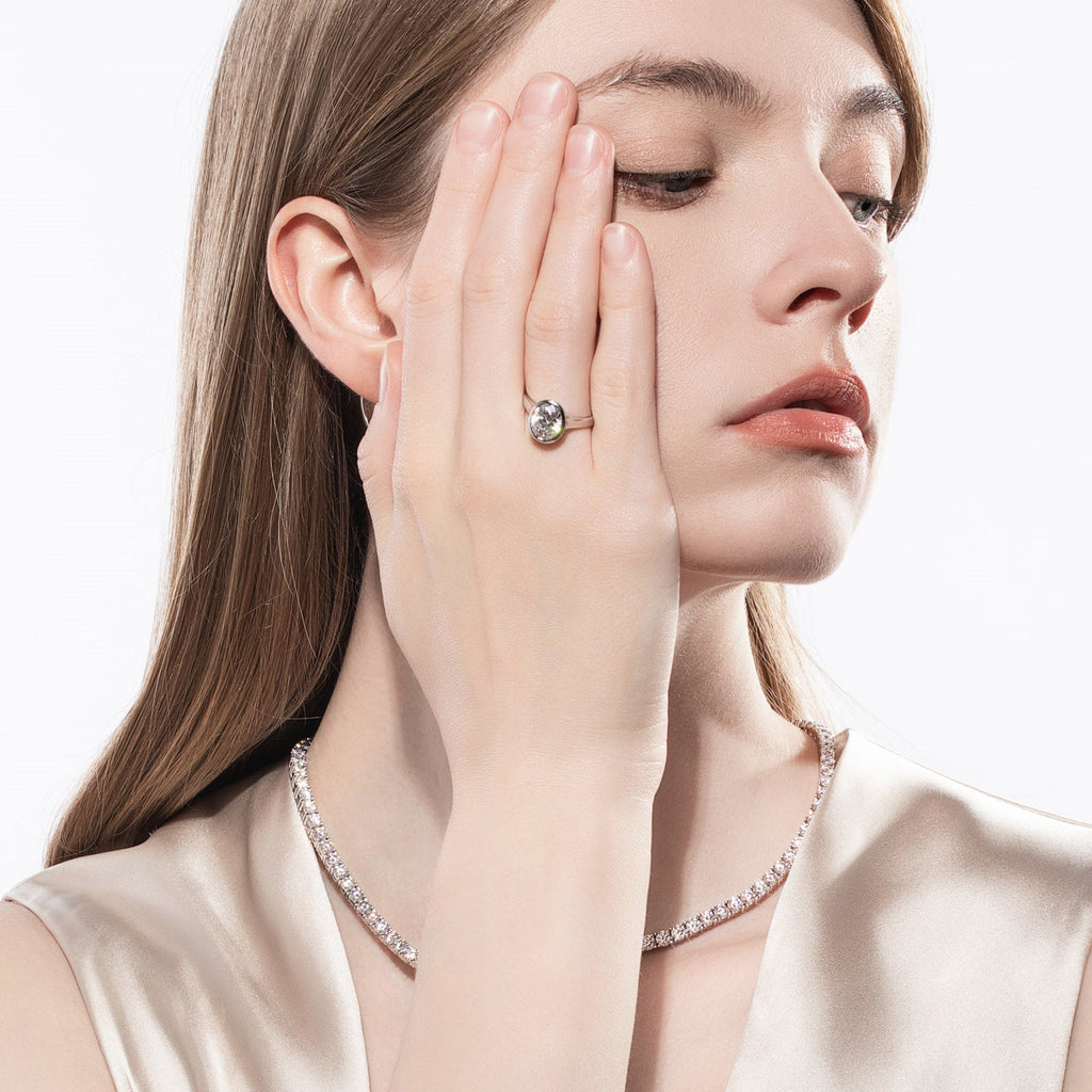 Oval Cut Bezel Moissanite Engagement Ring (3 ct)