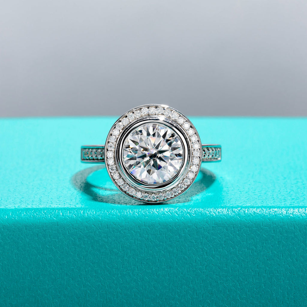 Round Cut Halo Moissanite Engagement Ring (3 ct)
