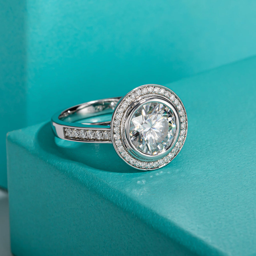 Round Cut Halo Moissanite Engagement Ring (3 ct)