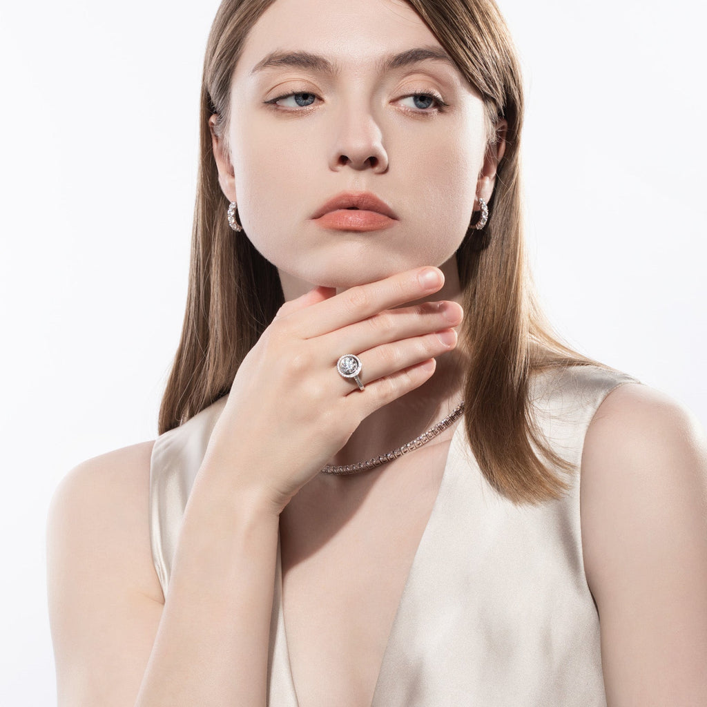 Round Cut Halo Moissanite Engagement Ring (3 ct)